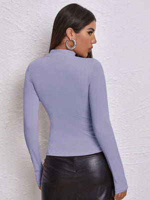 Mock Neck Letter Embroidered Rib-knit Tee - Negative Apparel