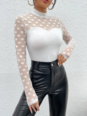 Mock-neck Sheer Dobby Mesh Yoke Fitted Top - Negative Apparel