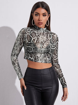 Mock Neck Snakeskin Print Mesh Crop Top - Negative Apparel