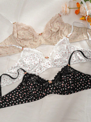 Plus 3pcs Ditsy Floral Print Contrast Lace Underwire Bra - Negative Apparel