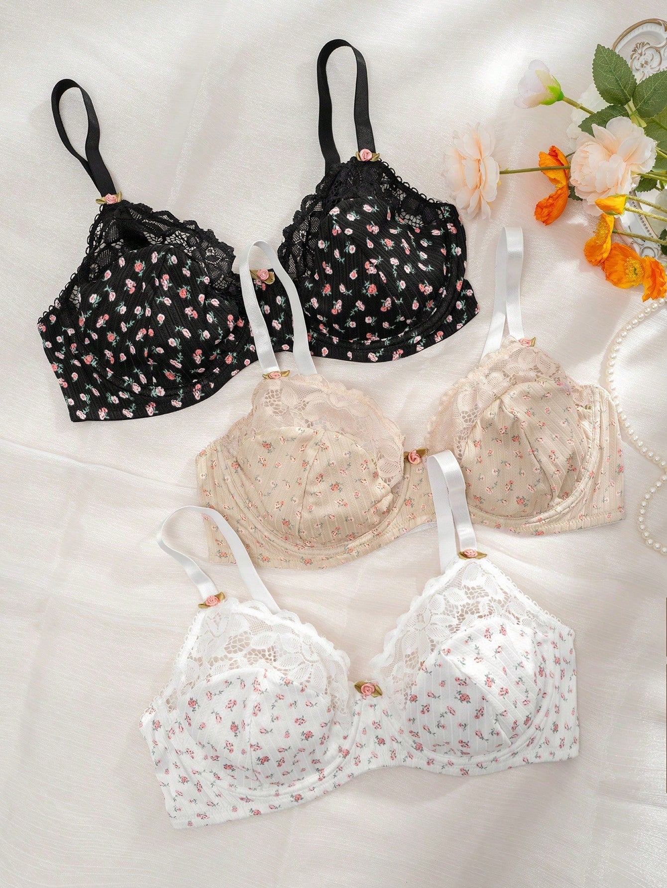 Plus 3pcs Ditsy Floral Print Contrast Lace Underwire Bra - Negative Apparel