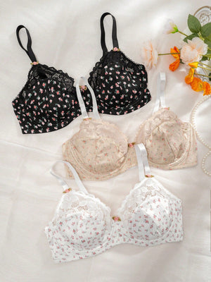 Plus 3pcs Ditsy Floral Print Contrast Lace Underwire Bra - Negative Apparel