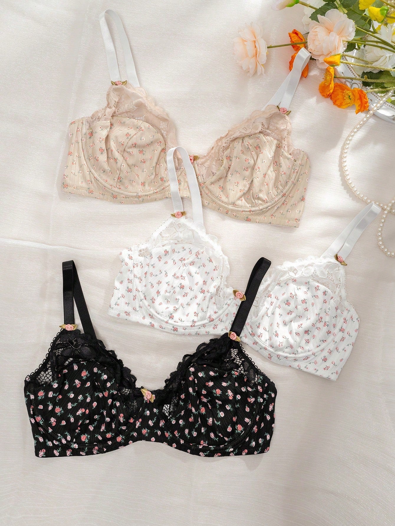 Plus 3pcs Ditsy Floral Print Contrast Lace Underwire Bra - Negative Apparel