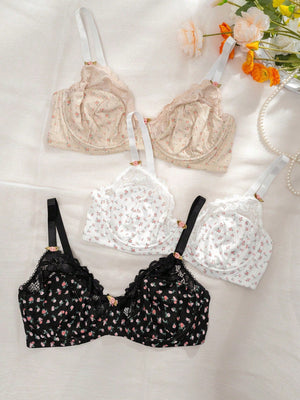 Plus 3pcs Ditsy Floral Print Contrast Lace Underwire Bra - Negative Apparel