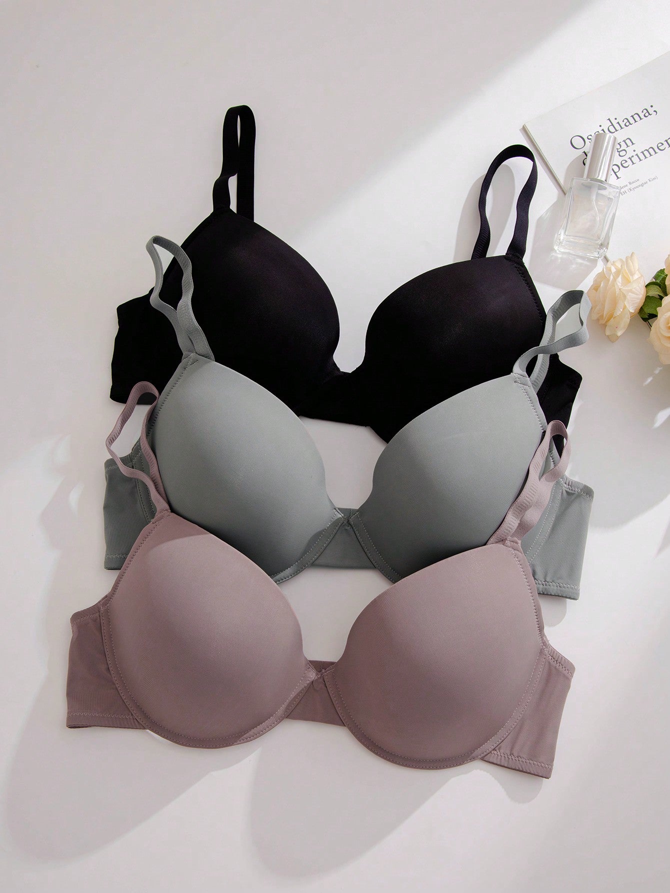Plus 3pcs Solid Underwire Bra - Negative Apparel