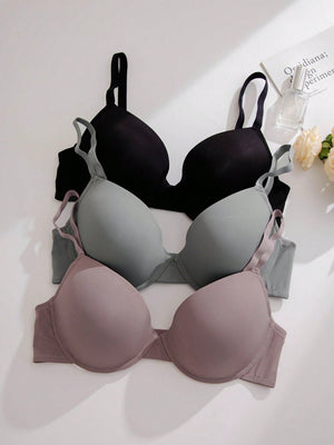 Plus 3pcs Solid Underwire Bra - Negative Apparel