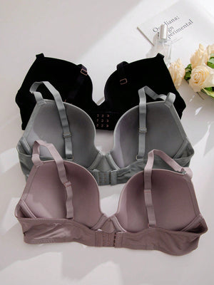 Plus 3pcs Solid Underwire Bra - Negative Apparel