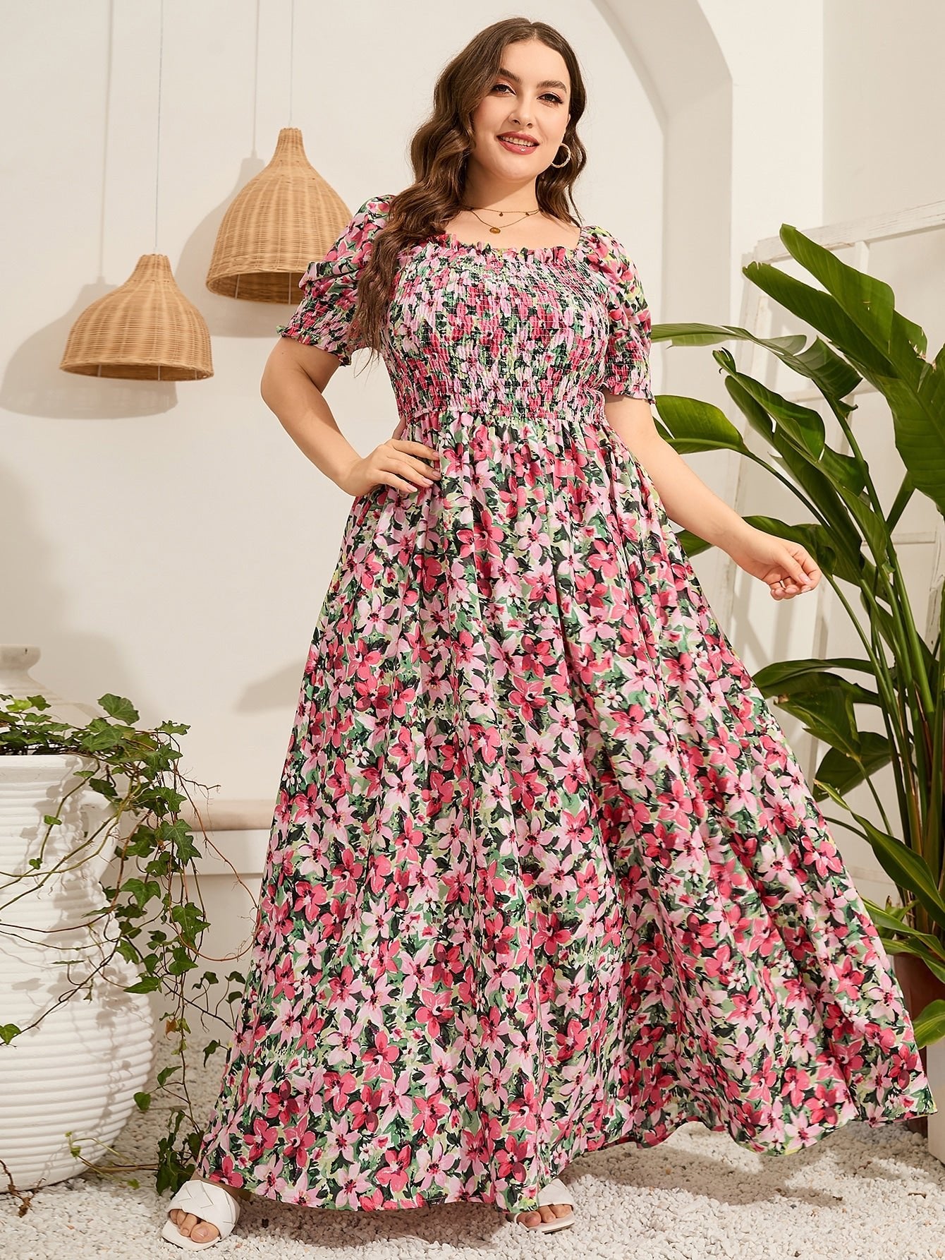 SHEIN Mulvari Plus Floral Print Butterfly Sleeve Dress