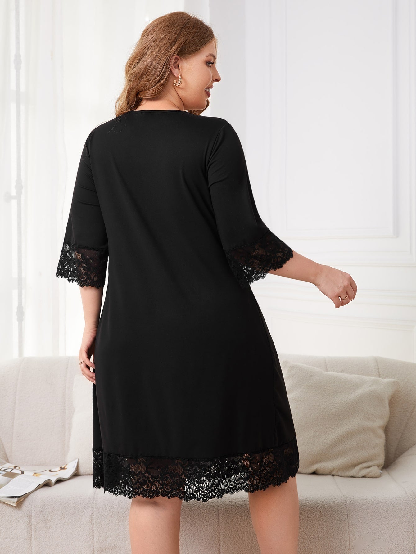 Plus Contrast Lace Knot Front Nightdress - Negative Apparel