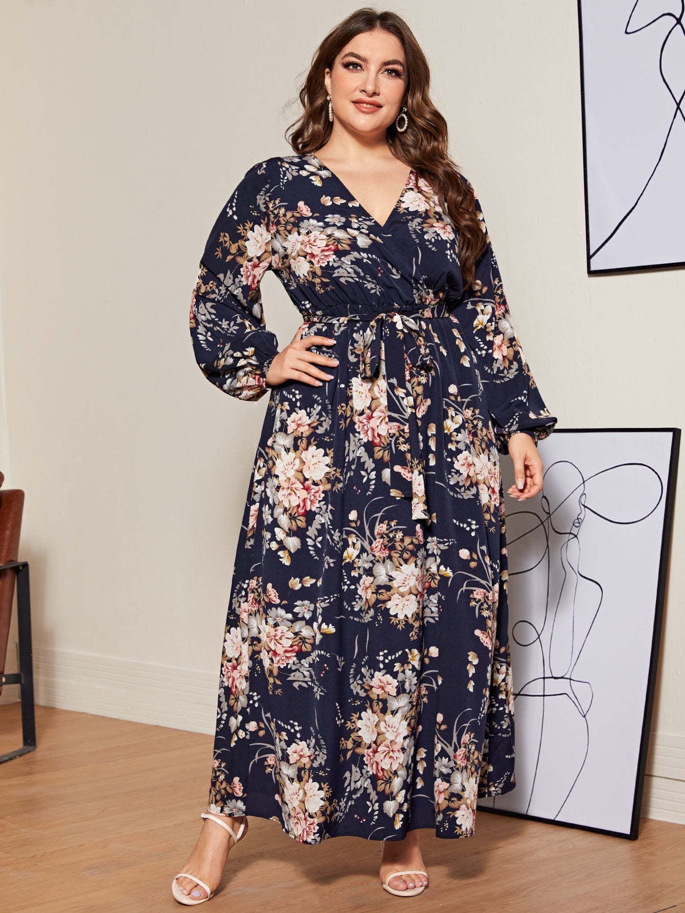 SHEIN Mulvari Plus Floral Print Butterfly Sleeve Belted Maxi Dress
