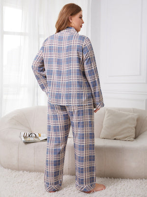 Plus Plaid Print Contrast Piping PJ Set - Negative Apparel