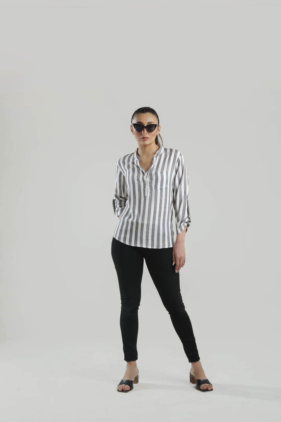 Pocket Patched Roll Up Sleeve Blouse - Negative Apparel