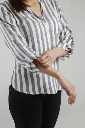 Pocket Patched Roll Up Sleeve Blouse - Negative Apparel