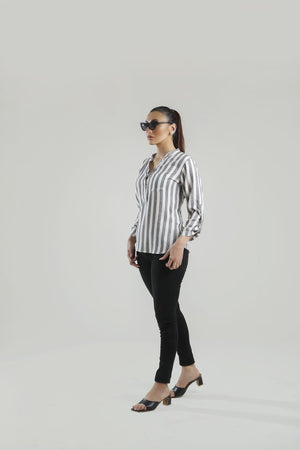 Pocket Patched Roll Up Sleeve Blouse - Negative Apparel