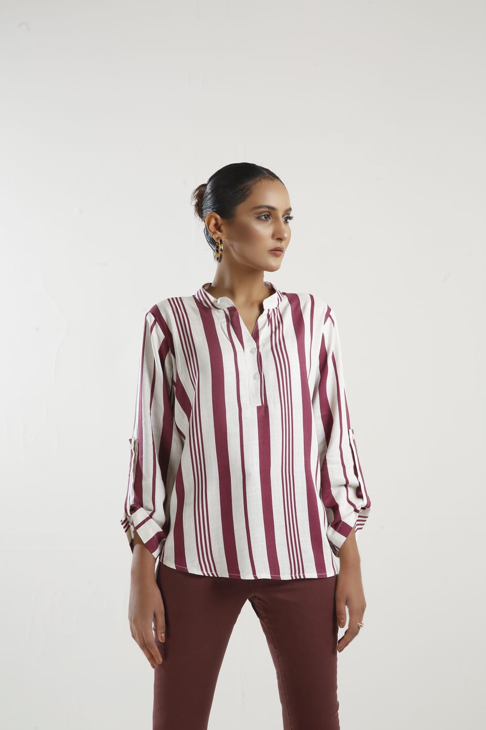 Pocket Patched Roll Up Sleeve Blouse - Negative Apparel