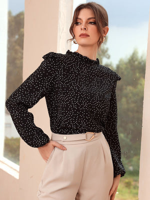 Polka Dot Ruffle Trim Frilled Neck Blouse - Negative Apparel