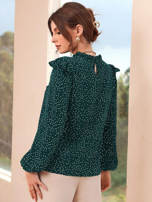 Polka Dot Ruffle Trim Frilled Neck Blouse - Negative Apparel