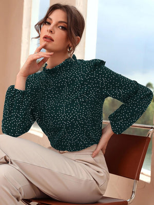 Polka Dot Ruffle Trim Frilled Neck Blouse - Negative Apparel