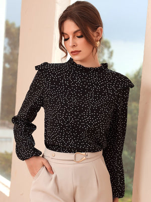 Polka Dot Ruffle Trim Frilled Neck Blouse - Negative Apparel