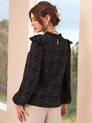 Polka Dot Ruffle Trim Frilled Neck Blouse - Negative Apparel