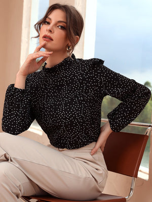 Polka Dot Ruffle Trim Frilled Neck Blouse - Negative Apparel