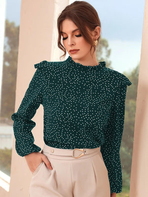 Polka Dot Ruffle Trim Frilled Neck Blouse - Negative Apparel