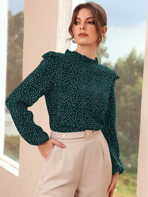 Polka Dot Ruffle Trim Frilled Neck Blouse - Negative Apparel