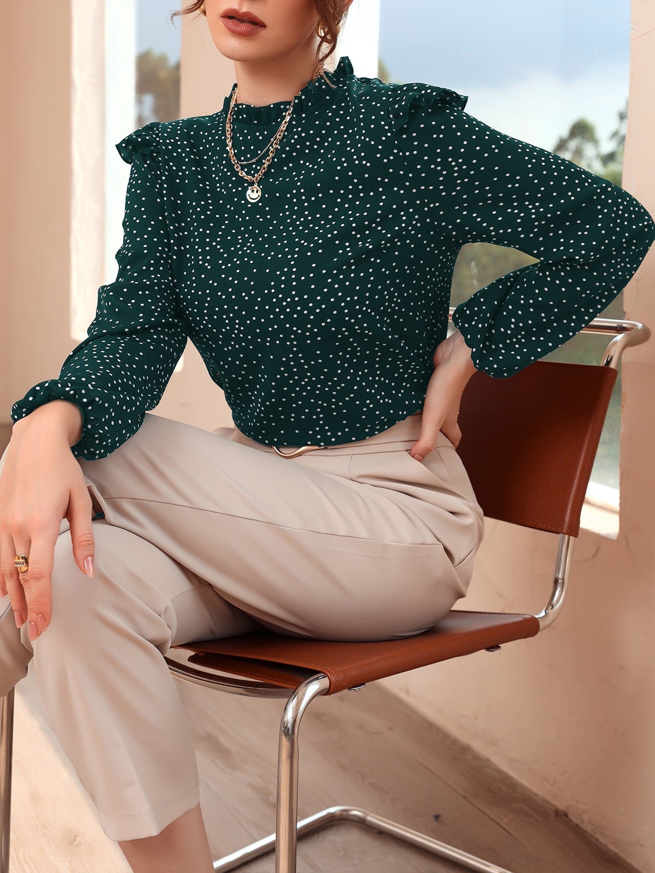 Polka Dot Ruffle Trim Frilled Neck Blouse - Negative Apparel