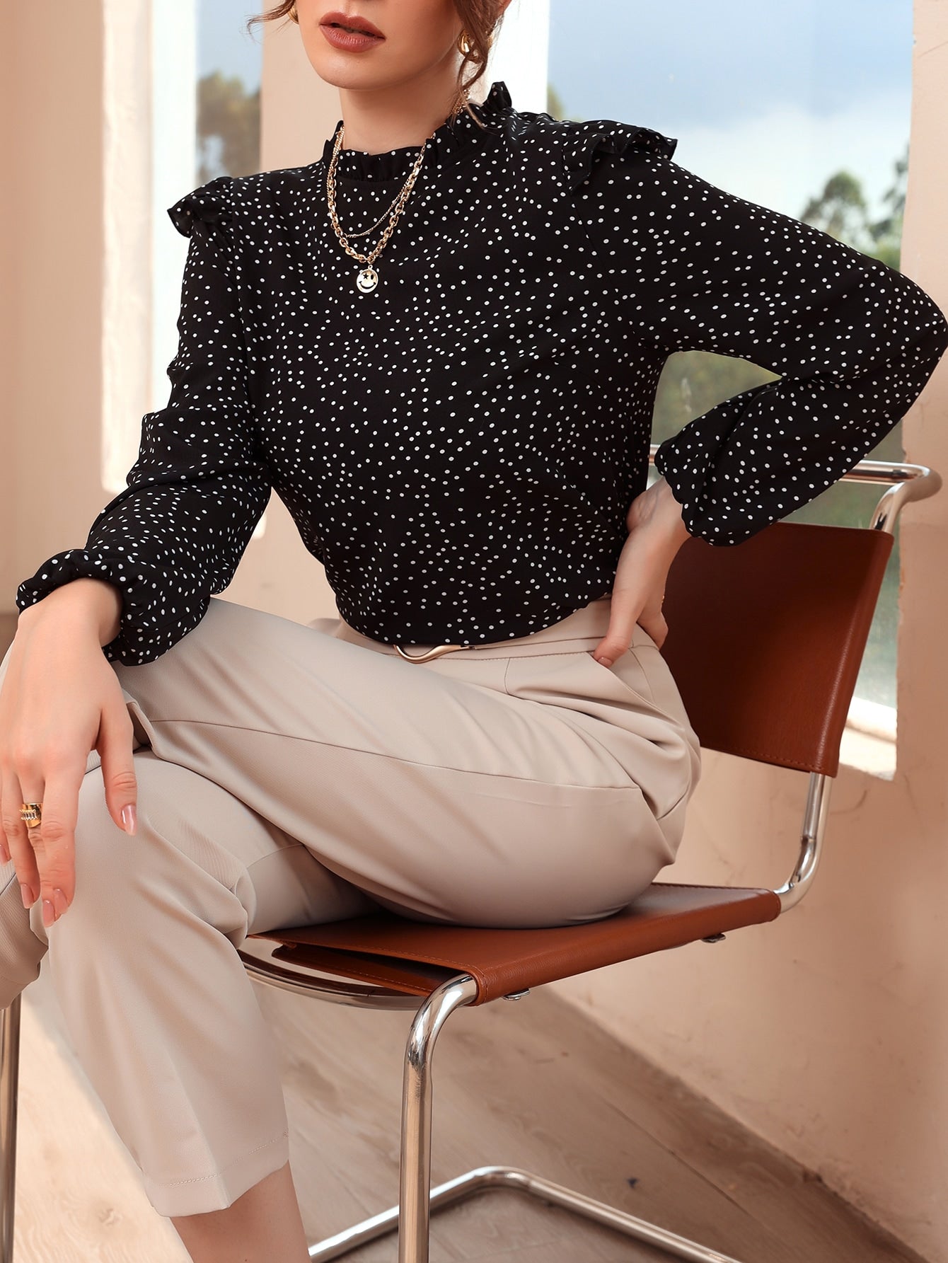 Polka Dot Ruffle Trim Frilled Neck Blouse - Negative Apparel