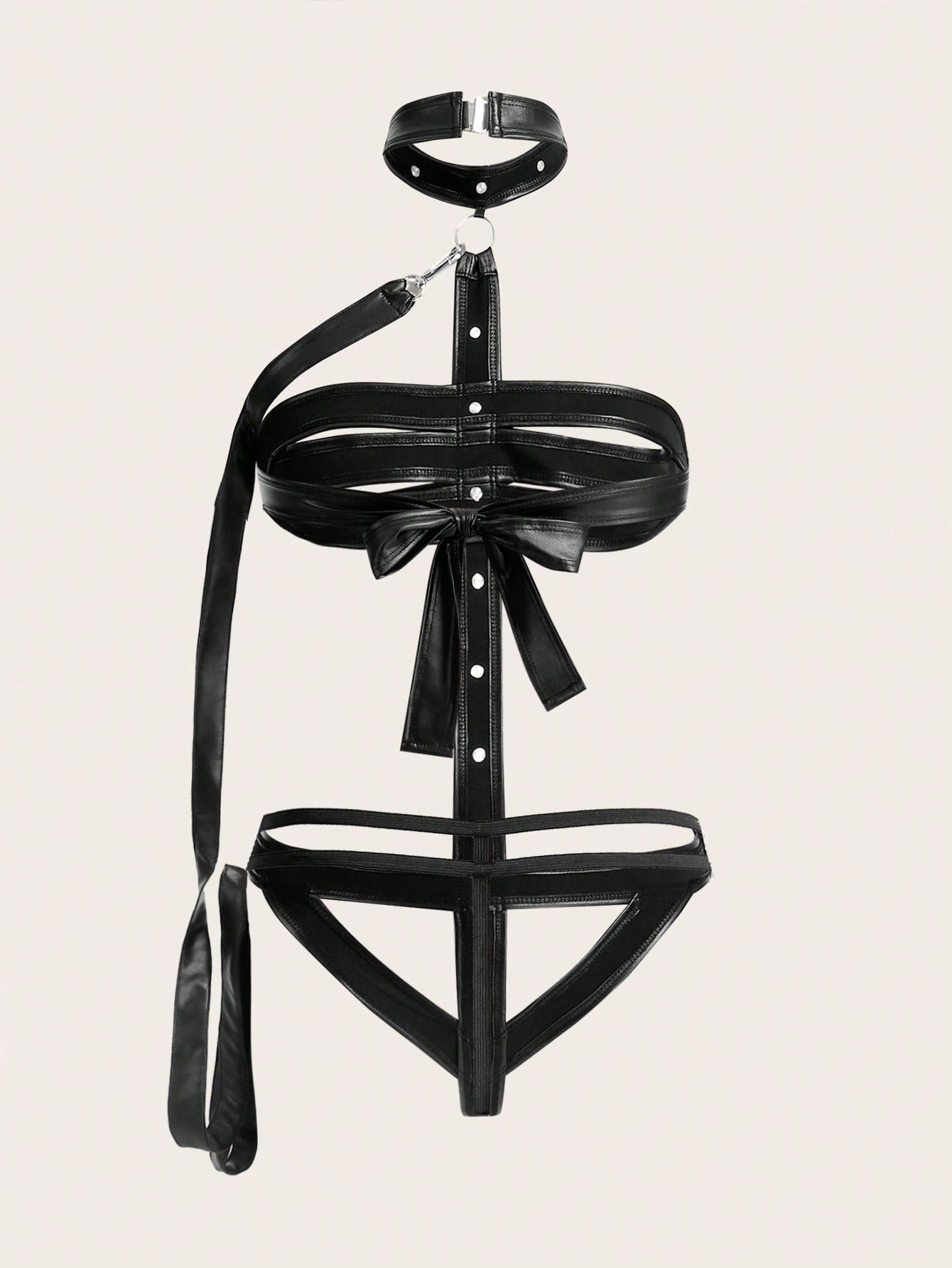 PU Leather Cut-out Ring Linked Bodysuit With Choker - Negative Apparel