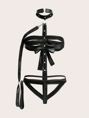 PU Leather Cut-out Ring Linked Bodysuit With Choker - Negative Apparel