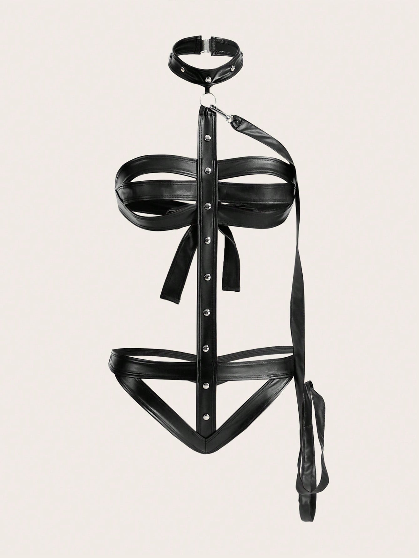 PU Leather Cut-out Ring Linked Bodysuit With Choker - Negative Apparel