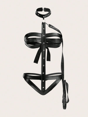 PU Leather Cut-out Ring Linked Bodysuit With Choker - Negative Apparel