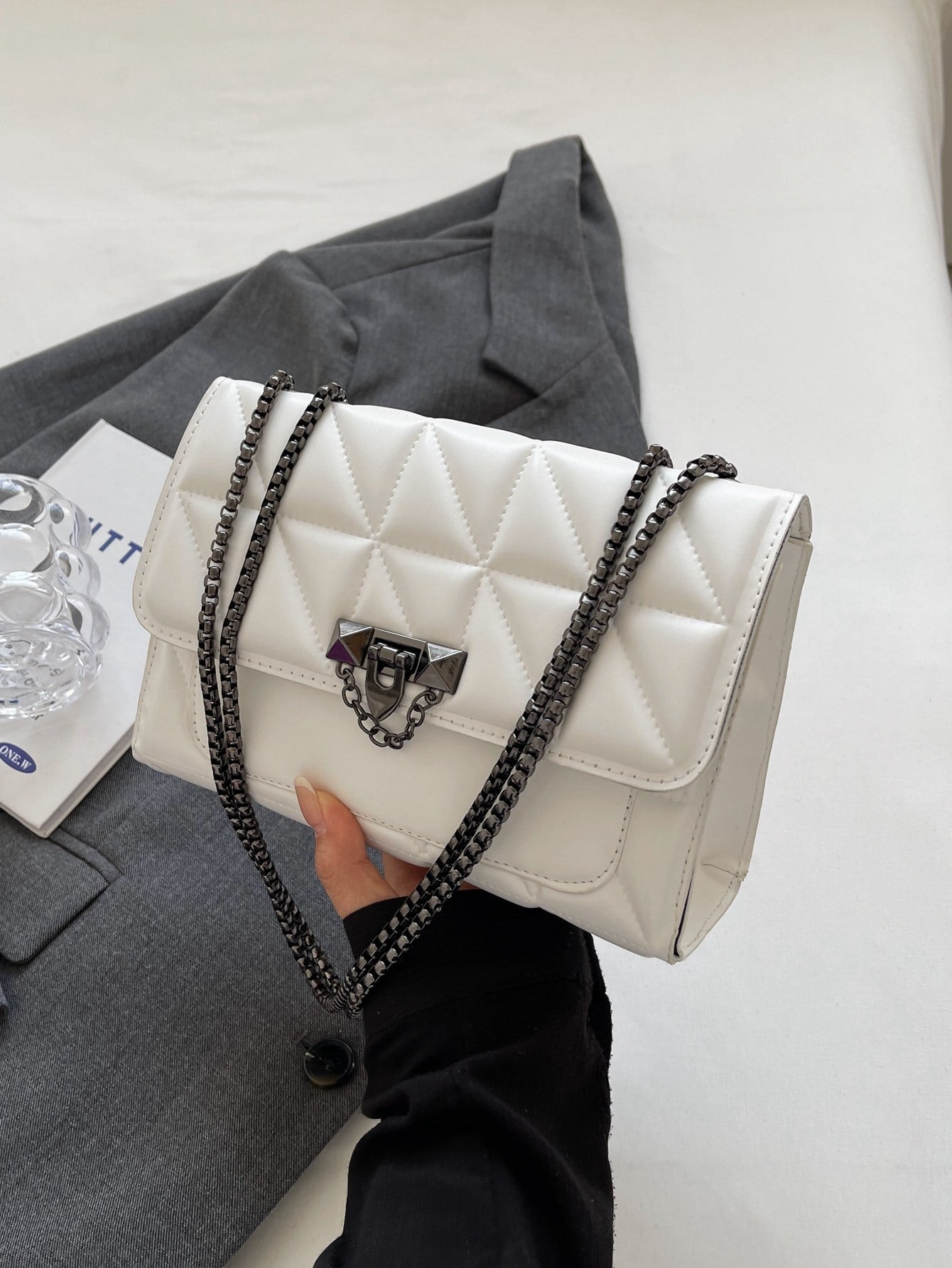 Quilted Pattern Fashion Flip Cover Square Bag With Metal Chain - Negative Apparel