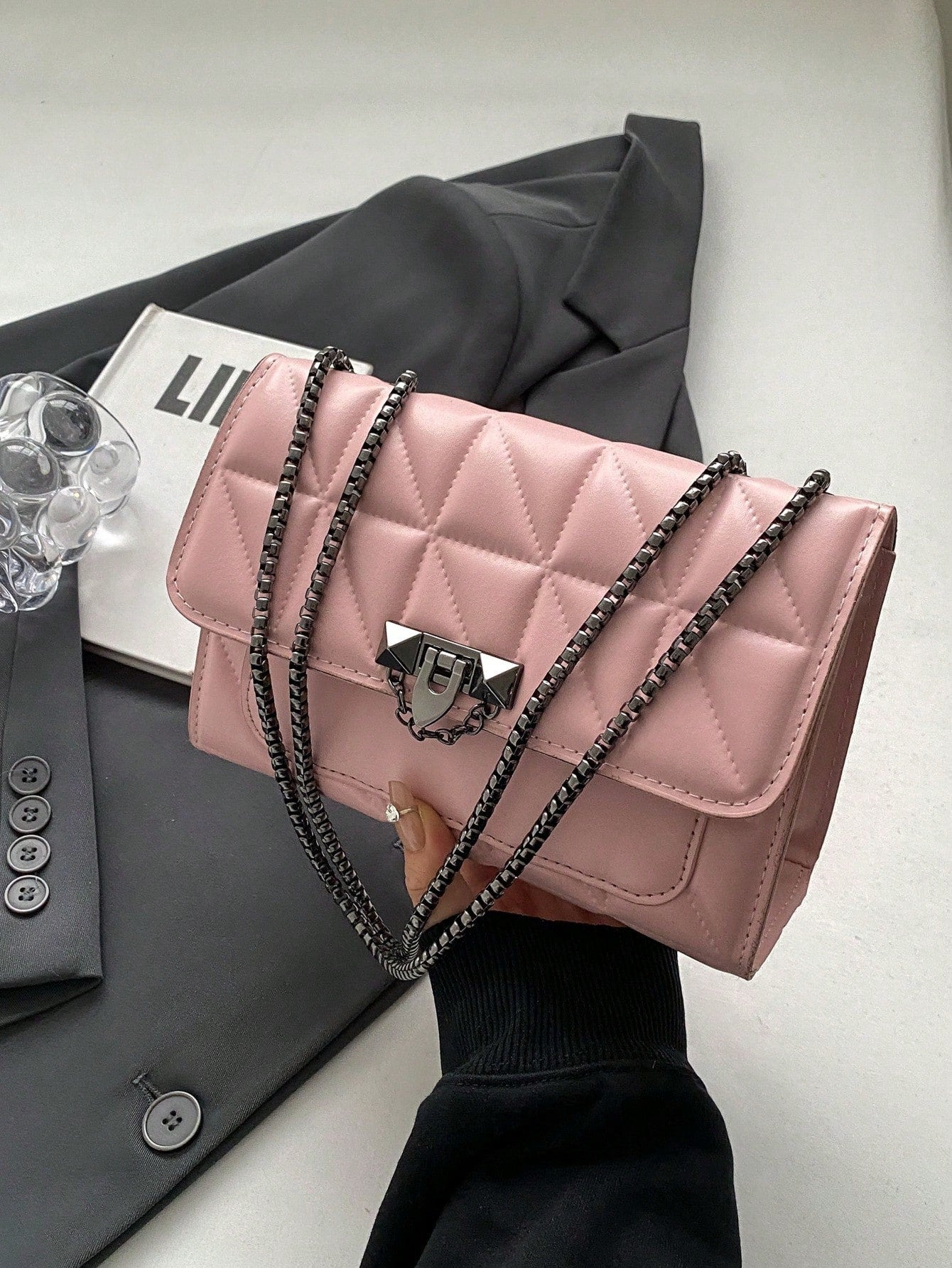 Quilted Pattern Fashion Flip Cover Square Bag With Metal Chain - Negative Apparel