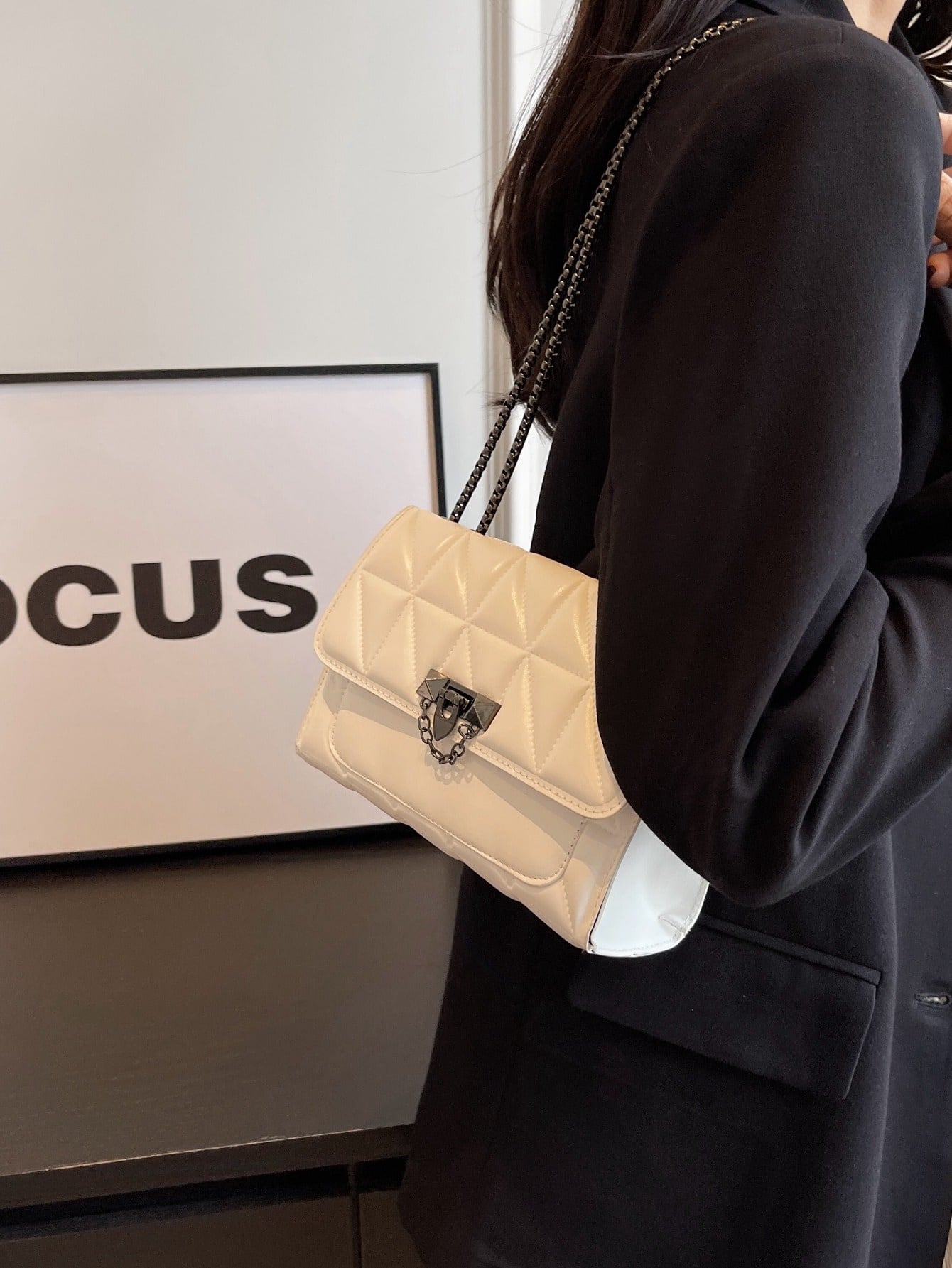 Quilted Pattern Fashion Flip Cover Square Bag With Metal Chain - Negative Apparel