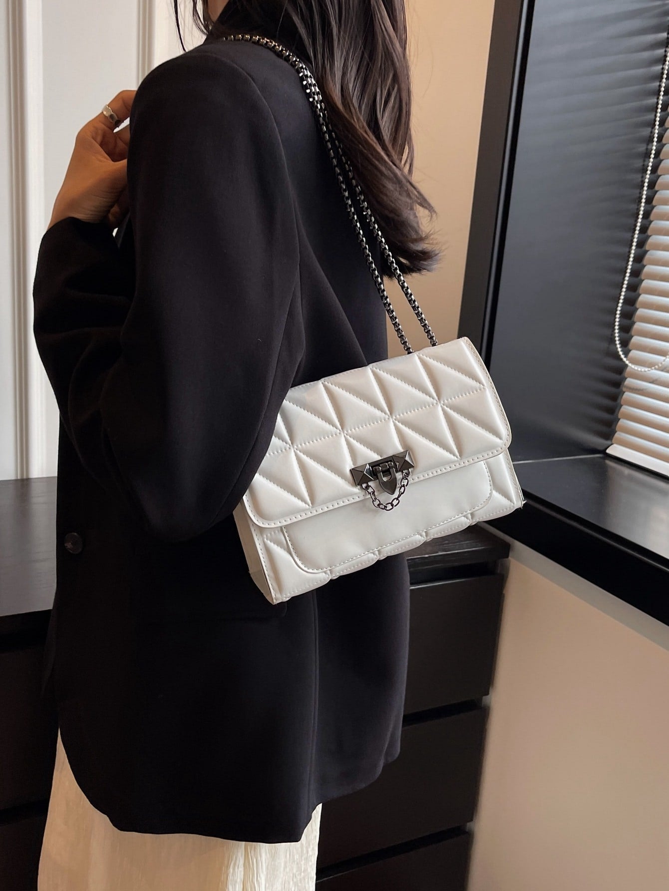 Quilted Pattern Fashion Flip Cover Square Bag With Metal Chain - Negative Apparel