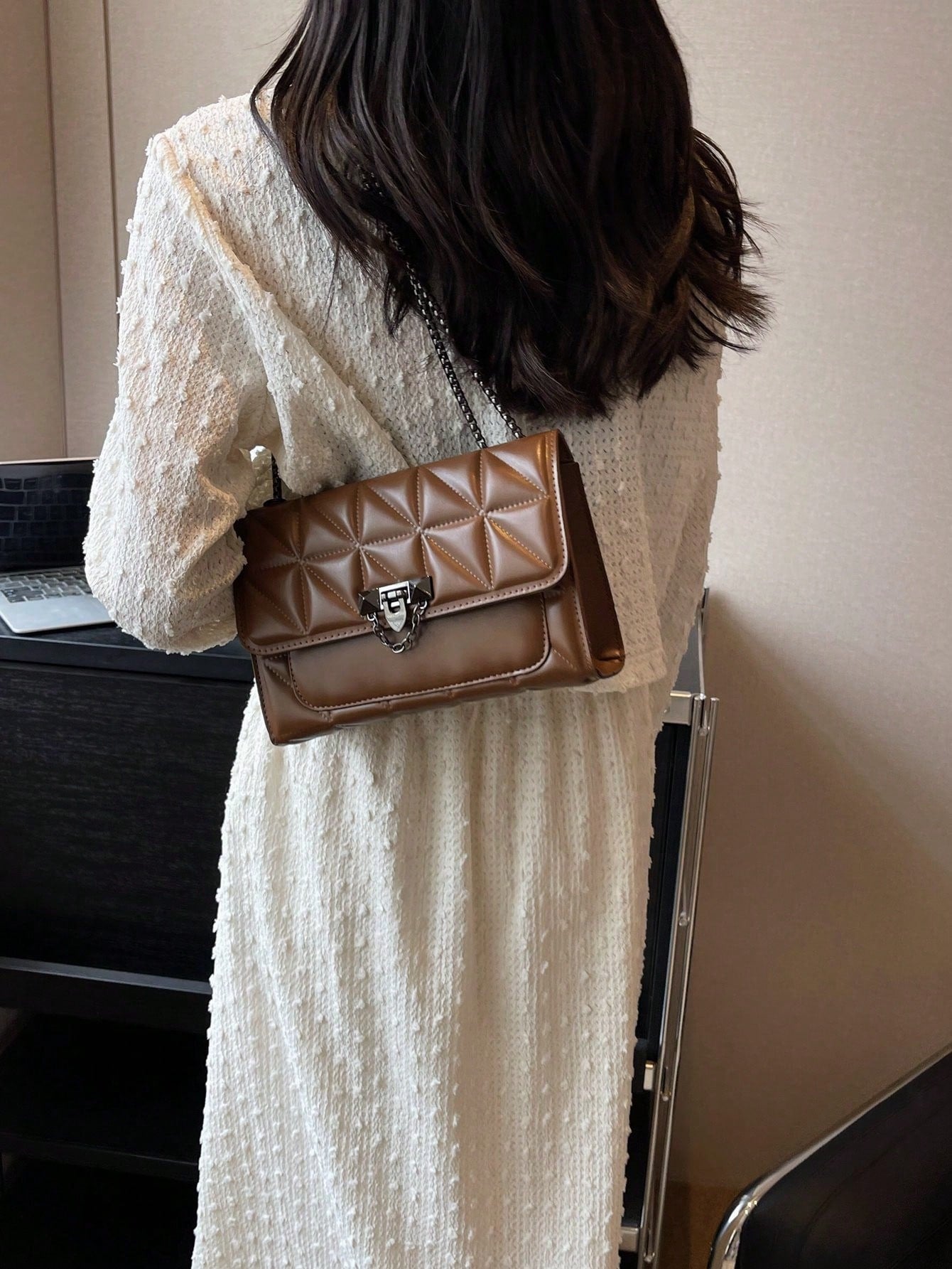 Quilted Pattern Fashion Flip Cover Square Bag With Metal Chain - Negative Apparel