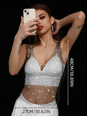 Rhinestone Detail Fishnet Tank Top Without Bra - Negative Apparel