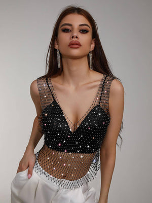 Rhinestone Detail Fishnet Tank Top Without Bra - Negative Apparel