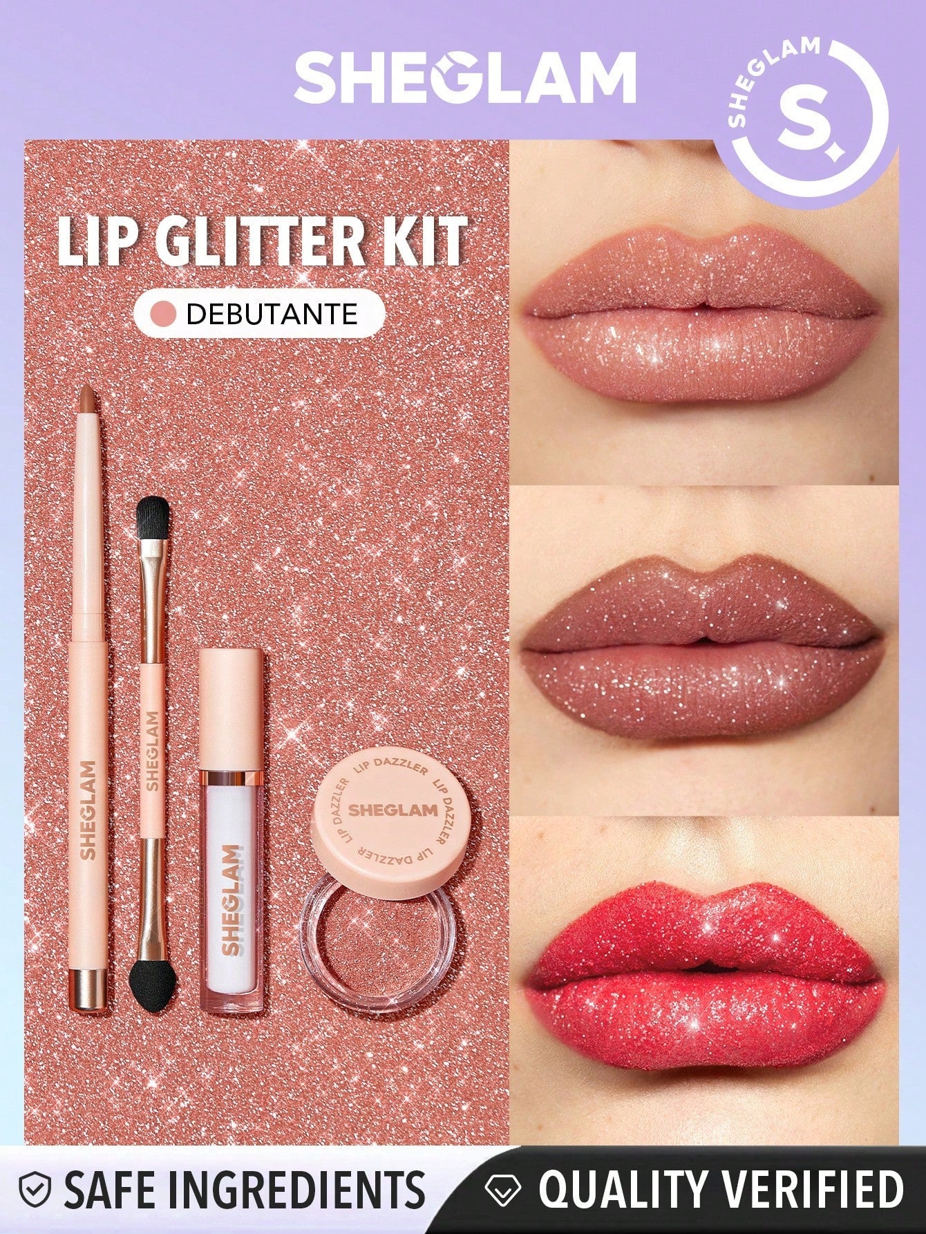 SHEGLAM Lip Dazzler Glitter Kit-Center Stage Long-Lasting Glitter Lip Gloss Sexy Super Stay Non-Sticky Shiny Liquid Kit Liquid Lipstick - Negative Apparel