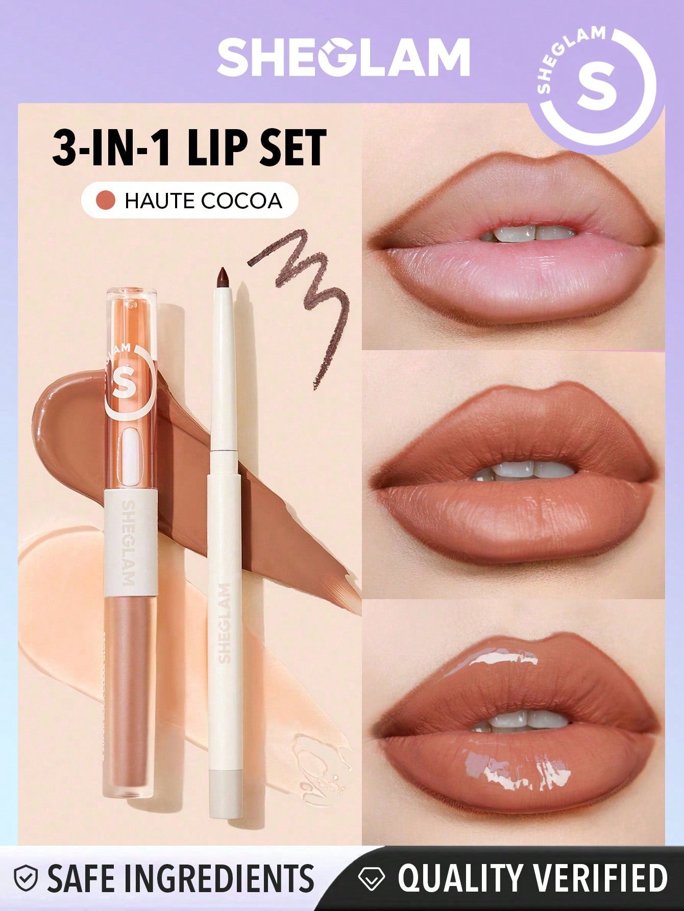 SHEGLAM Soft 90's Glam Lip Liner And Lip Duo Set-Moody Taupe Lip Set 3-In-1 Lip Makeup Plumping Lip Gloss Moisturizing Plant Extracts Long Lasting Liquid Lipstick - Negative Apparel