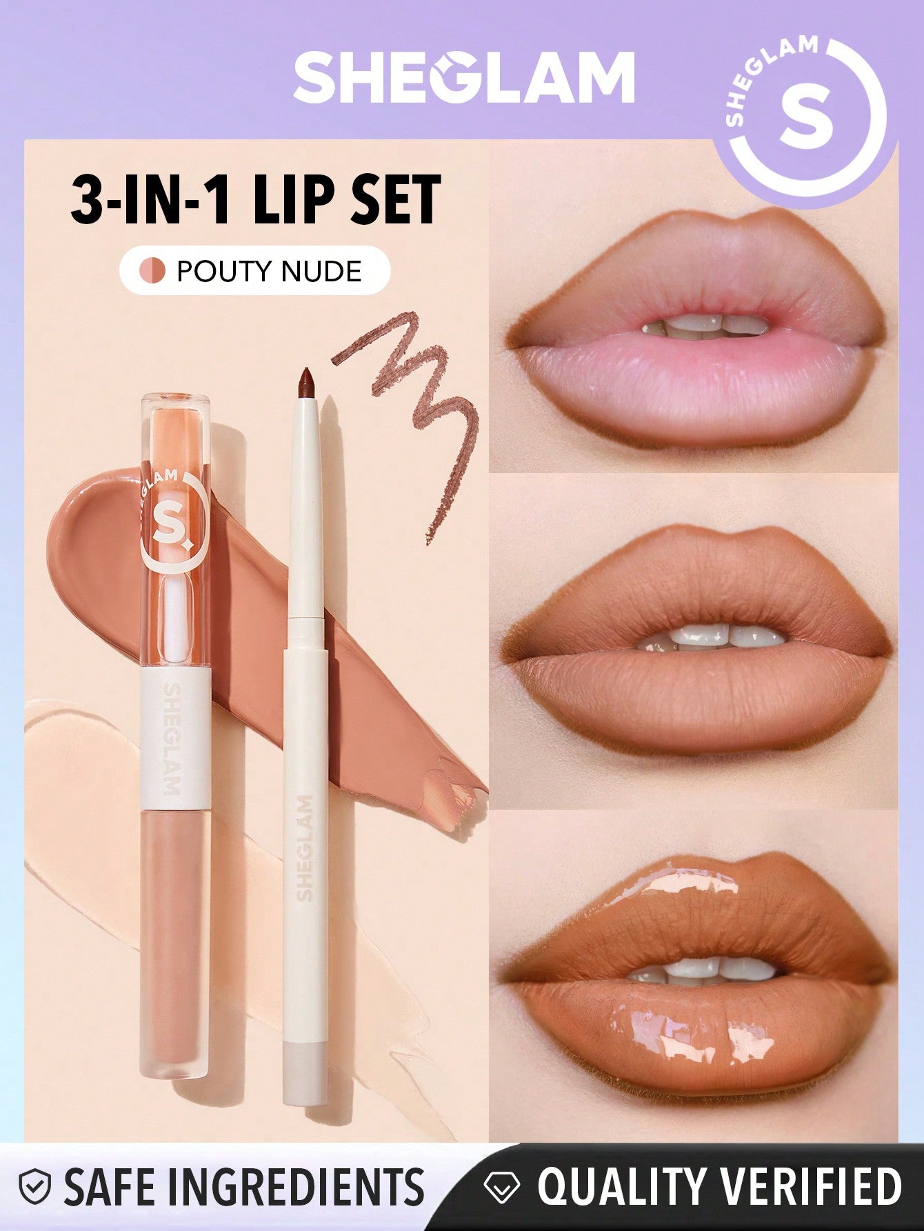 SHEGLAM Soft 90's Glam Lip Liner And Lip Duo Set-Moody Taupe Lip Set 3-In-1 Lip Makeup Plumping Lip Gloss Moisturizing Plant Extracts Long Lasting Liquid Lipstick - Negative Apparel