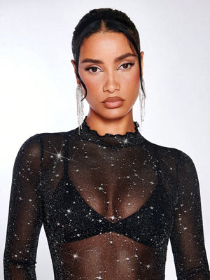 SHEIN BAE Lettuce Edge Glitter Mesh Top Without Bra - Negative Apparel