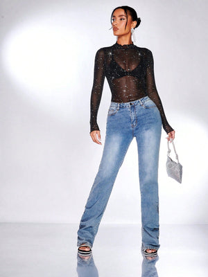 SHEIN BAE Lettuce Edge Glitter Mesh Top Without Bra - Negative Apparel