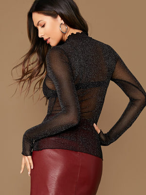 SHEIN BAE Lettuce Edge Glitter Mesh Top Without Bra - Negative Apparel