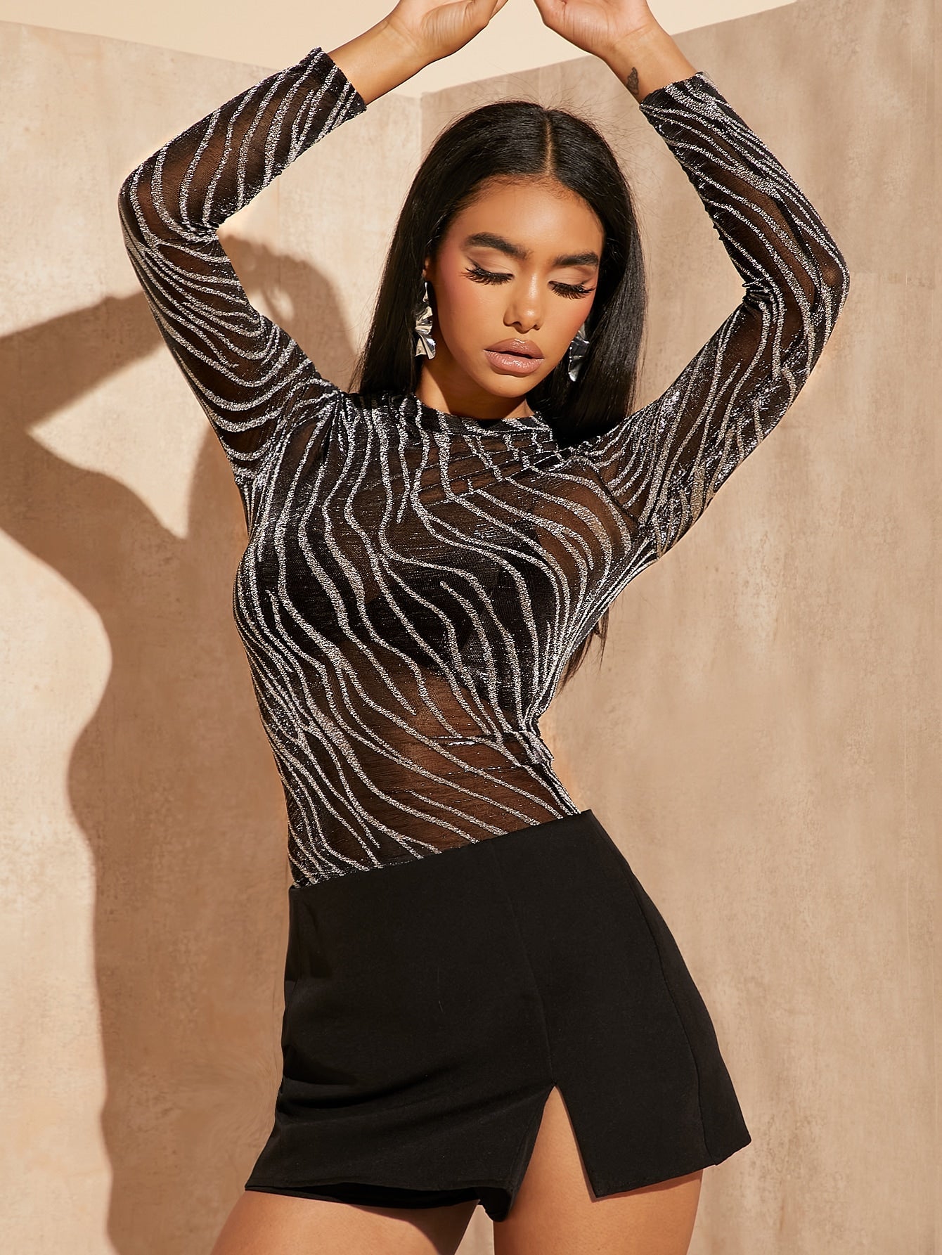 SHEIN BAE Lettuce Trim Glitter Sheer Mesh Top Without Bra - Negative Apparel