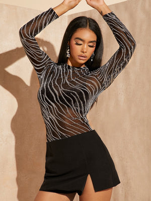 SHEIN BAE Lettuce Trim Glitter Sheer Mesh Top Without Bra - Negative Apparel