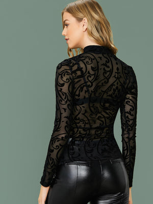 SHEIN BAE Mock-neck Sheer Flocked Mesh Top Without Bra - Negative Apparel