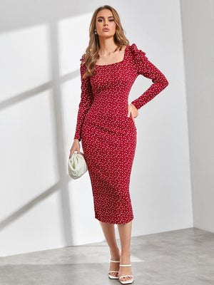 SHEIN BIZwear Confetti Heart Print Gigot Sleeve Dress Without Belt Workwear - Negative Apparel